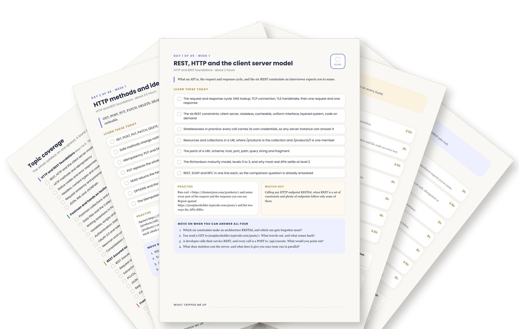 Fanned pages from the 45 Day API Testing Calendar