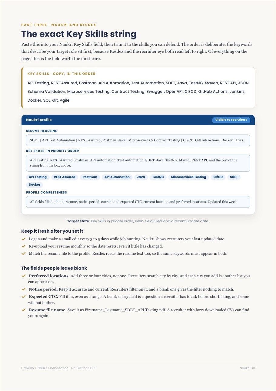 A guide page with the exact Naukri key skills string to paste