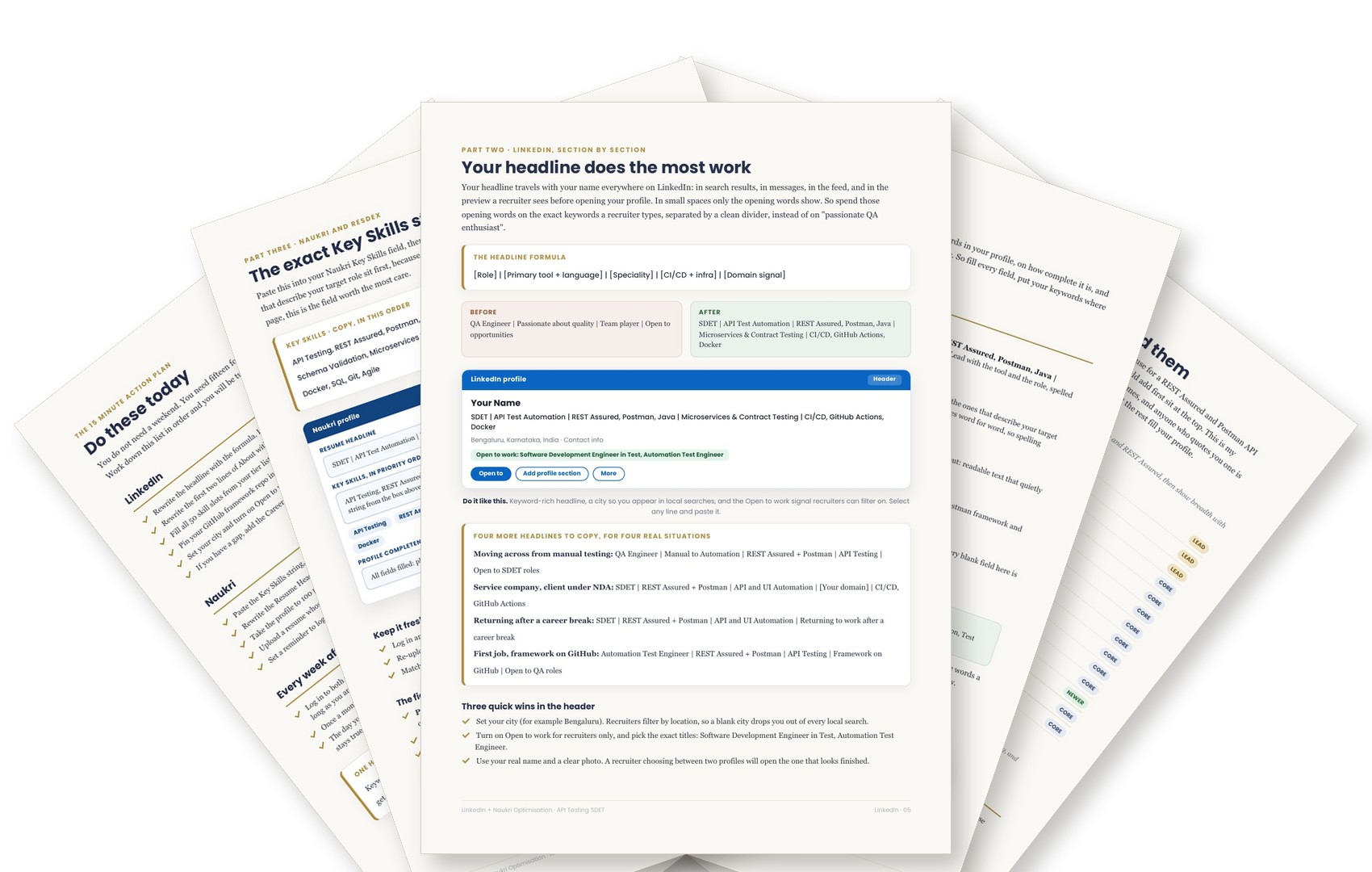Fanned pages from the LinkedIn and Naukri Optimization Guide