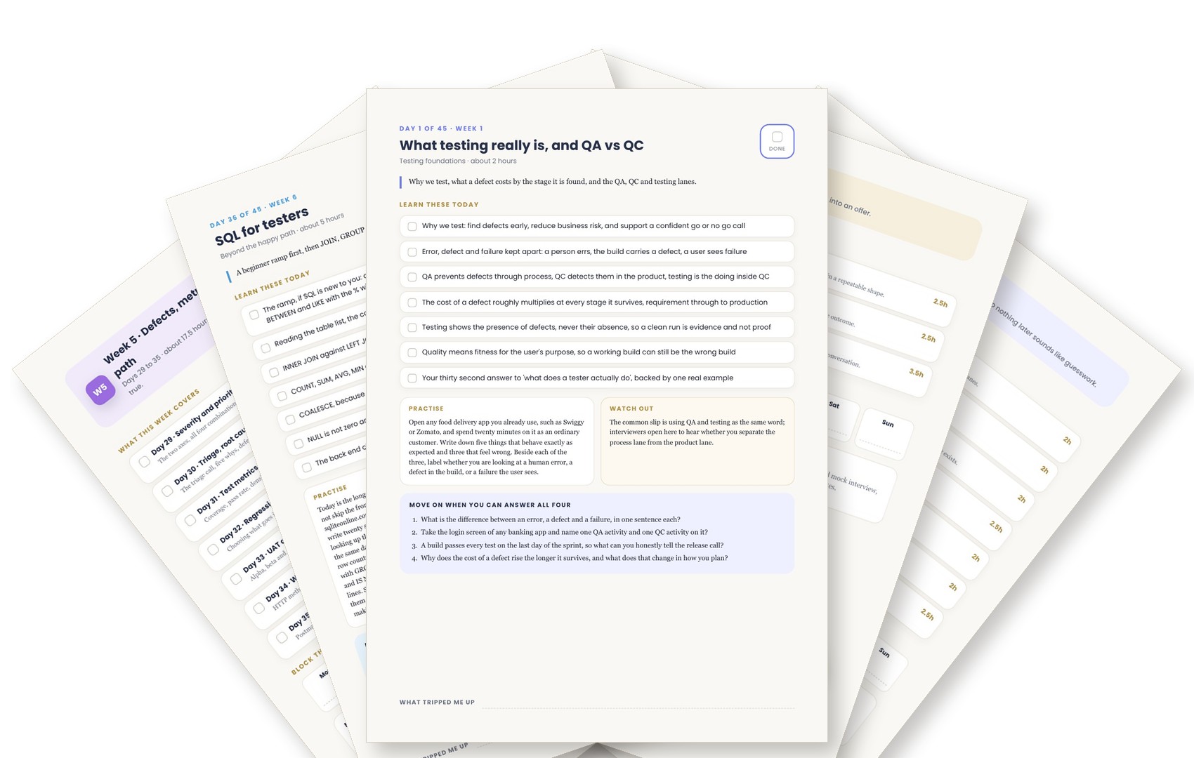Fanned pages from the 45 Day Manual Testing Calendar