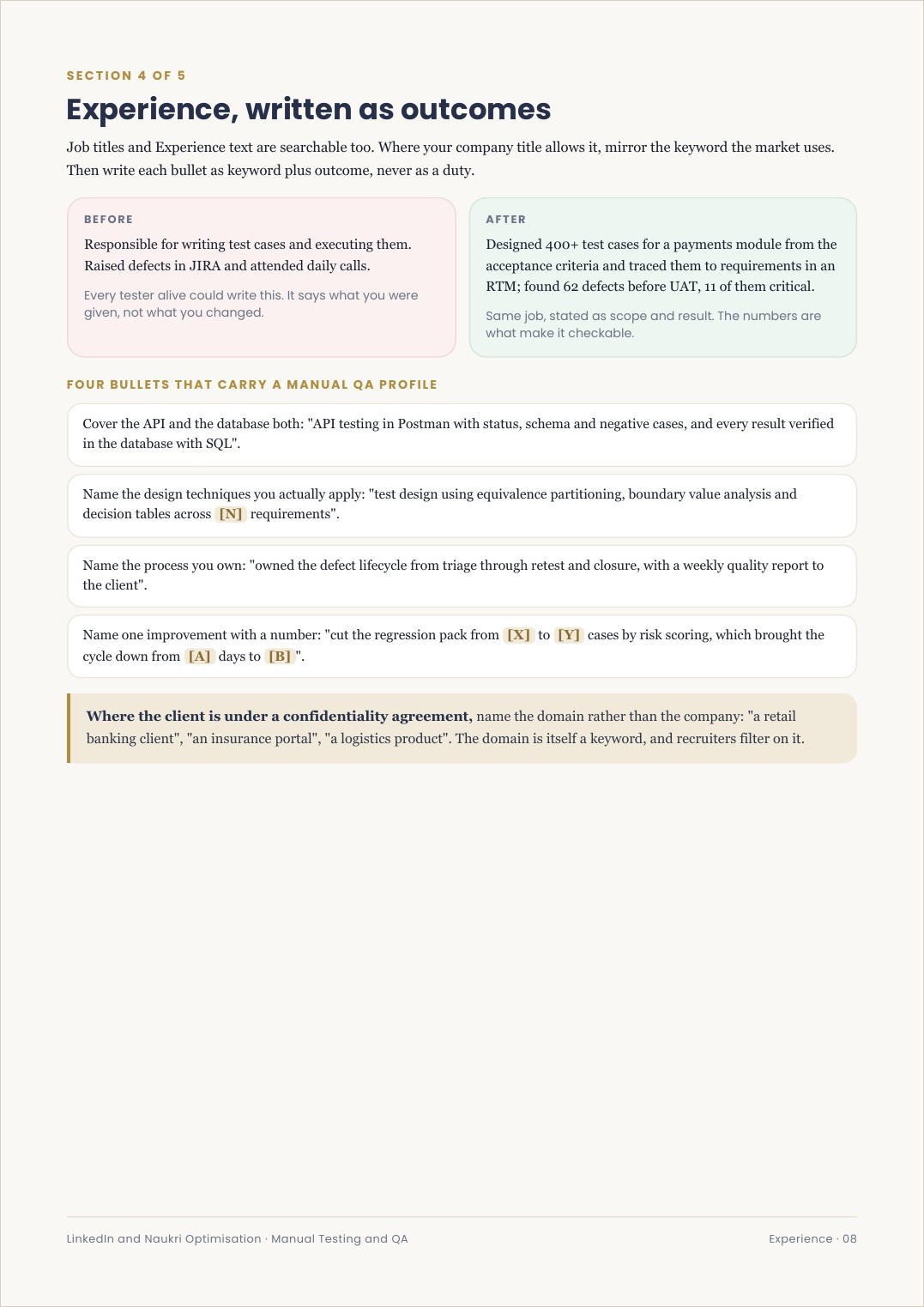 A before and after rewrite from the Experience section of the guide