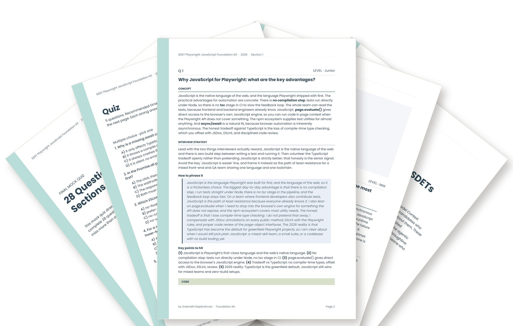 Fanned pages from the Playwright JavaScript Q&A Kit