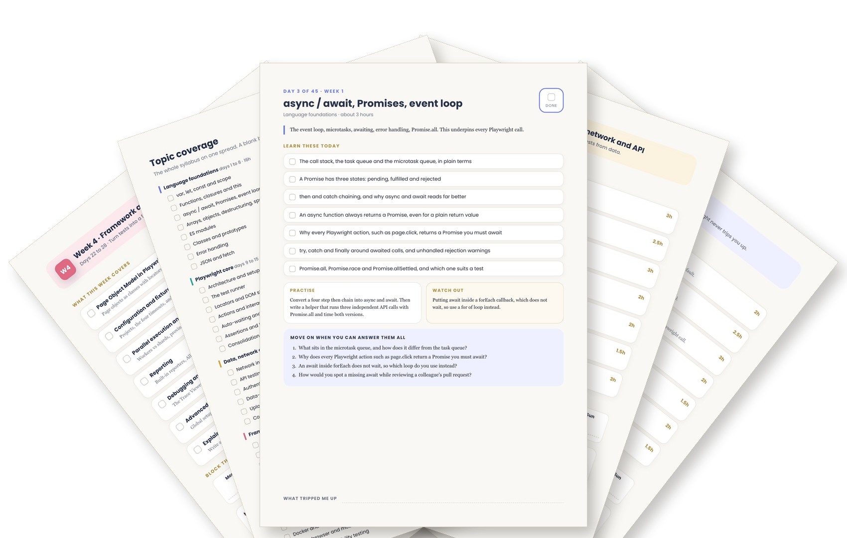 Fanned pages from the 45 Day Playwright JavaScript Calendar