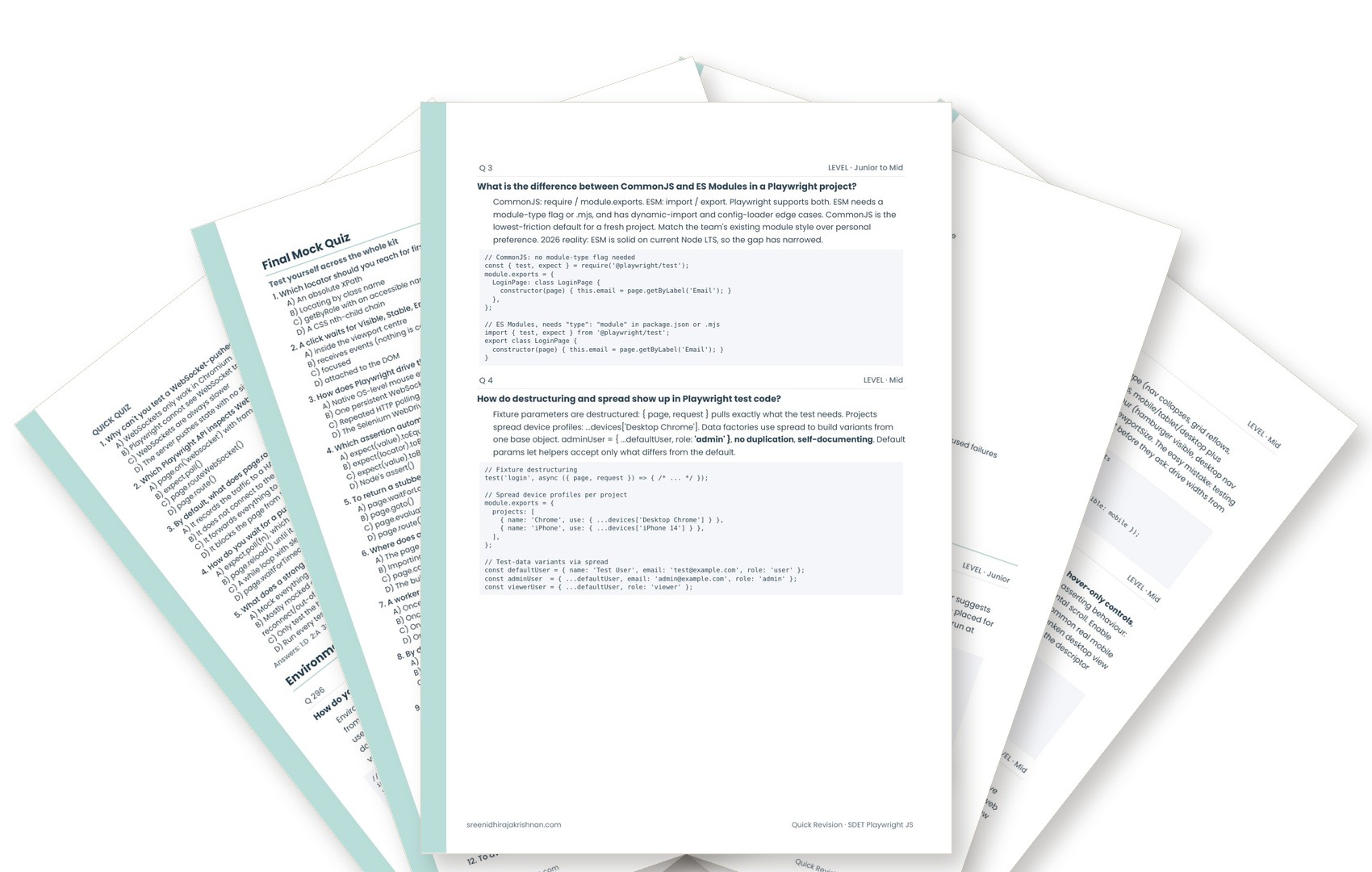 Fanned pages from the Quick Revision Playwright JavaScript kit