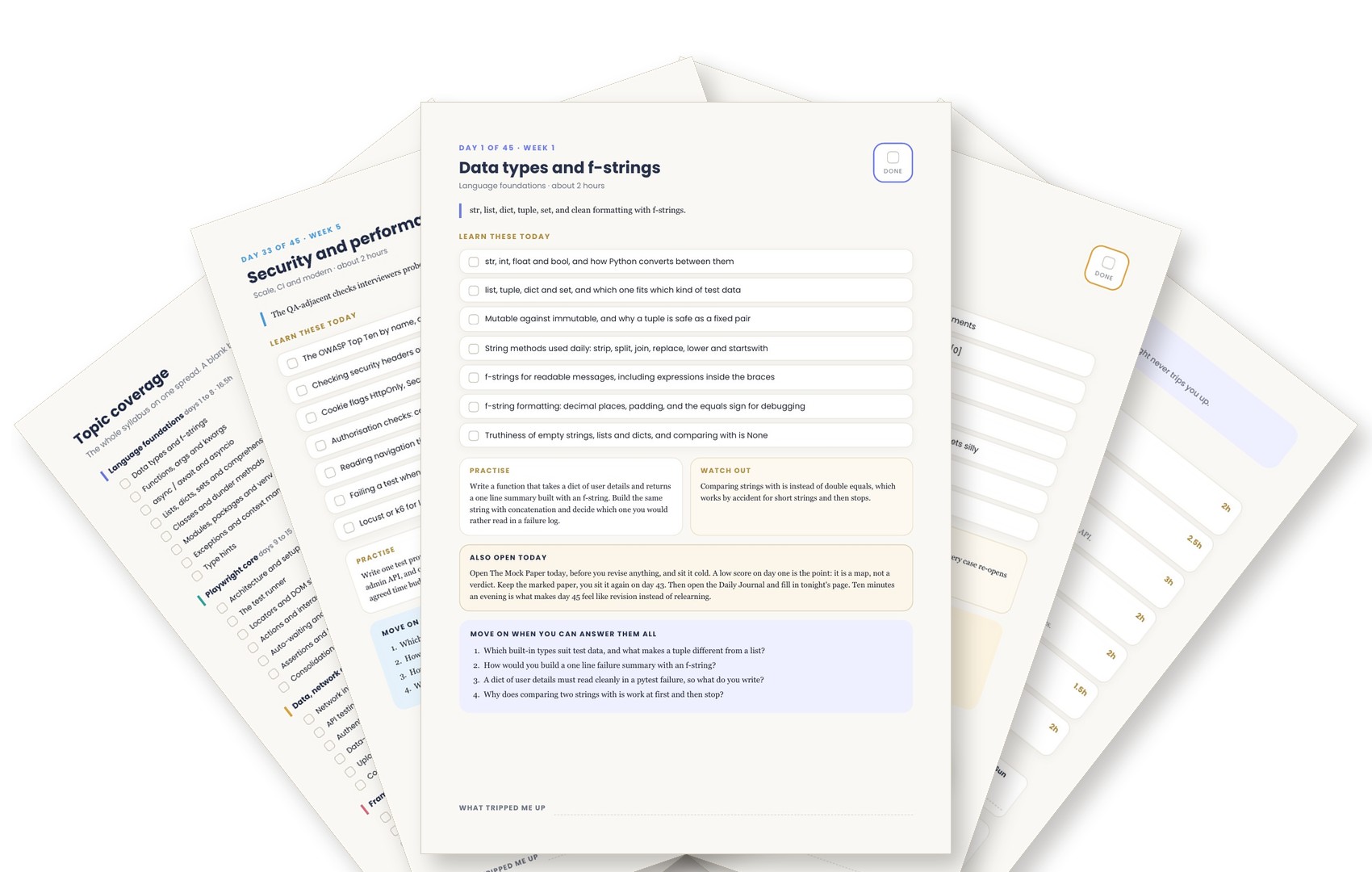 Fanned pages from the 45 Day Playwright Python Learning Calendar