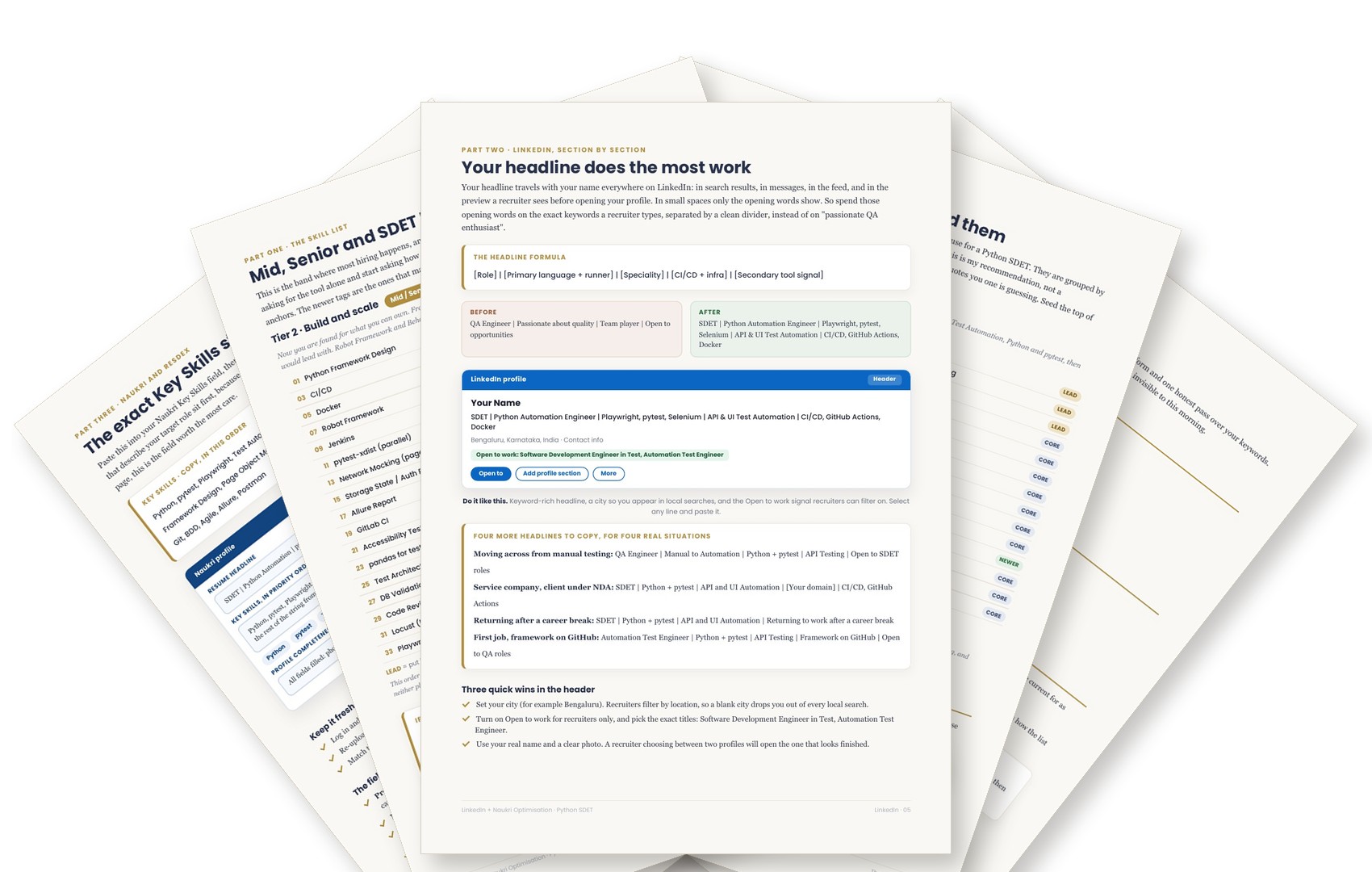 Fanned pages from the LinkedIn and Naukri Optimization Guide