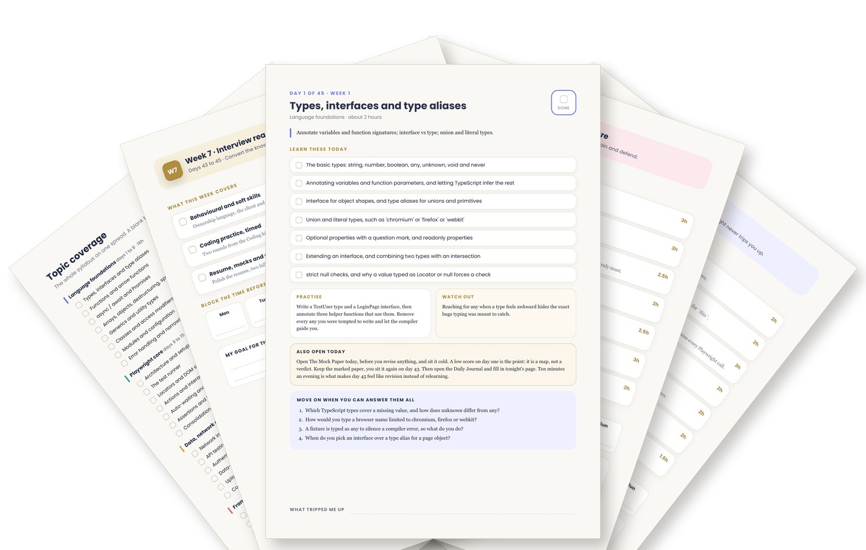 Fanned pages from the 45 Day Playwright TypeScript Calendar