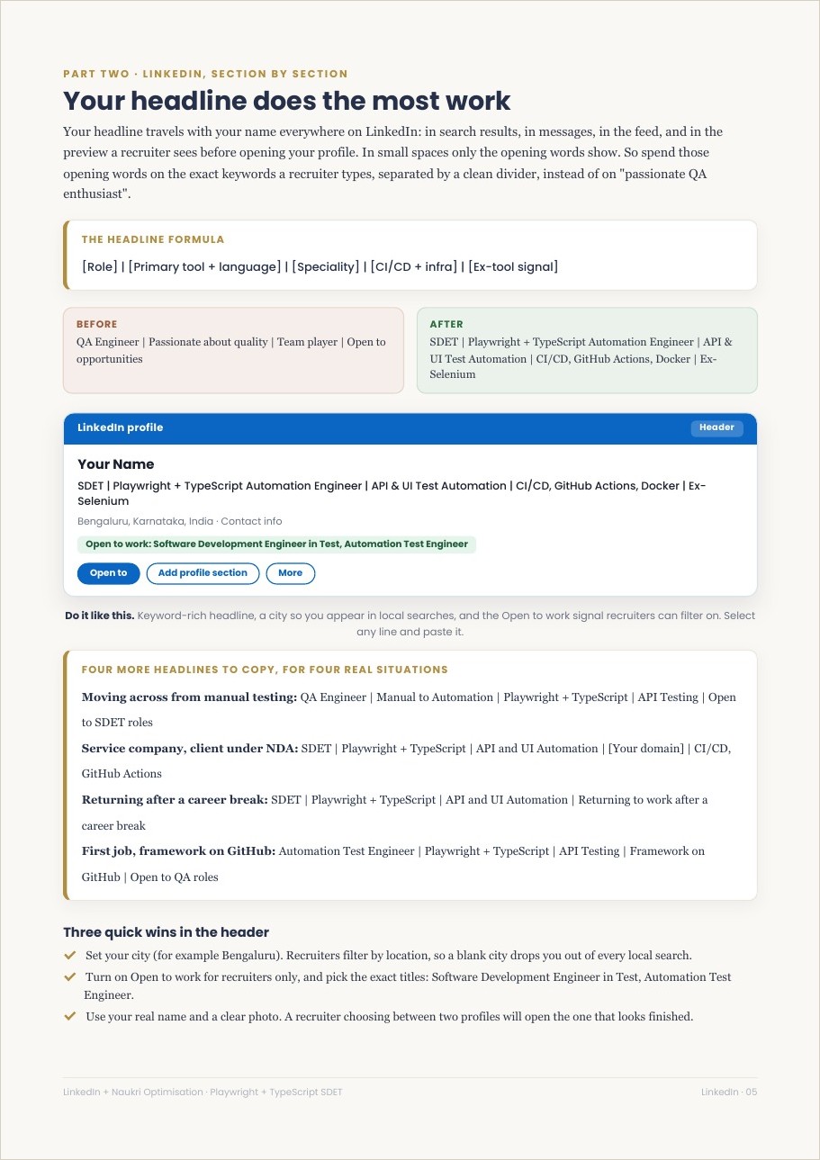 The headline rewrite page from the guide, with the formula and copy ready examples