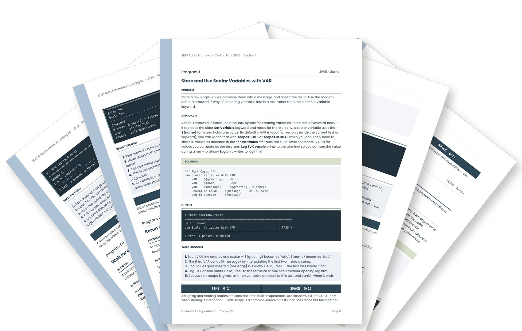 Fanned pages from the Robot Framework Coding Kit