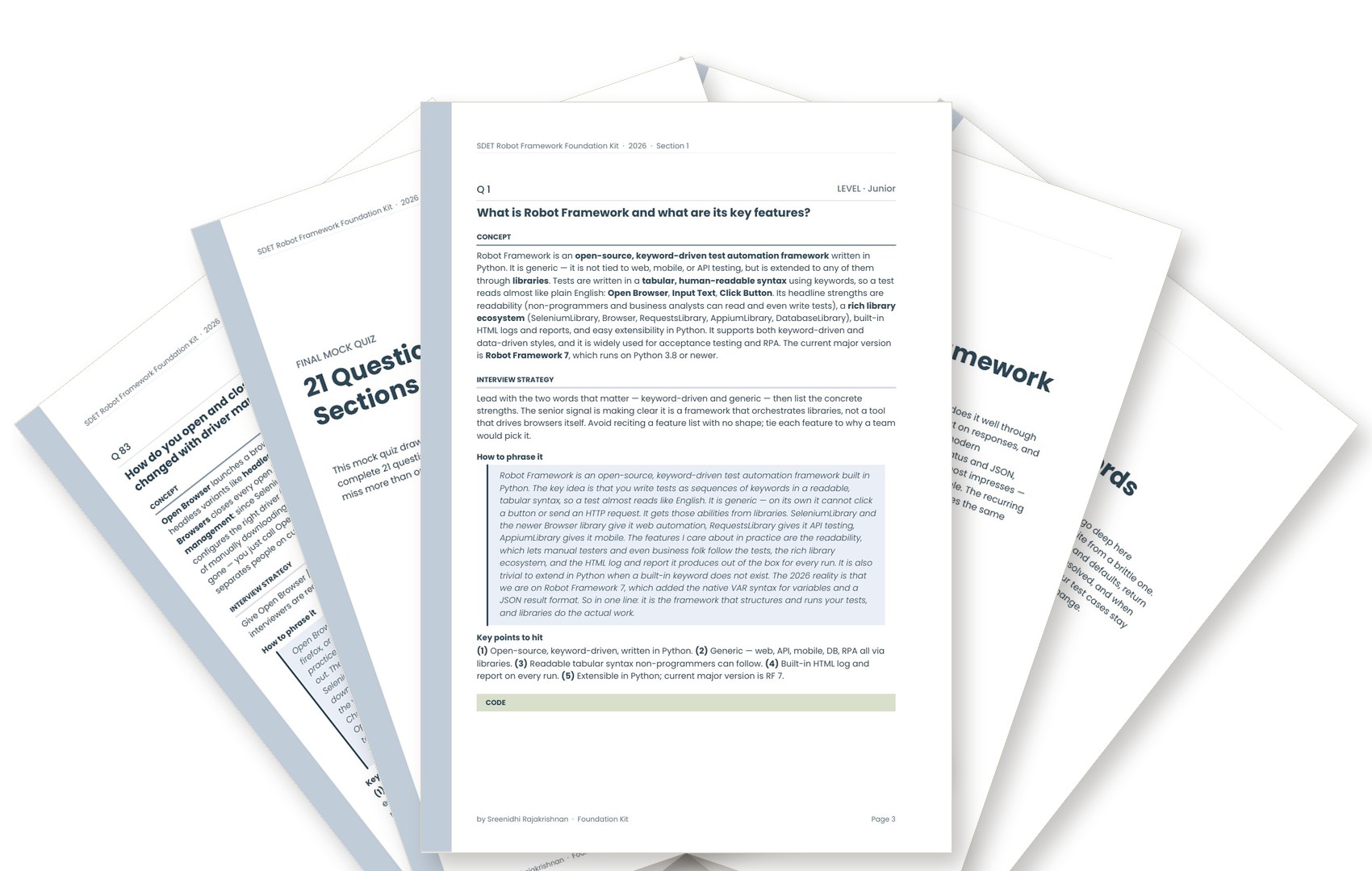 Fanned pages from the Robot Framework Q&A Kit