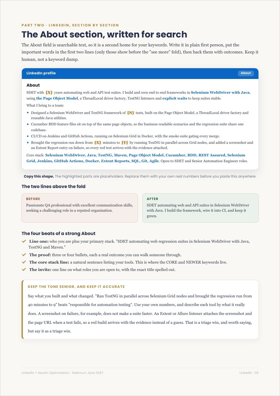 A page from the guide showing the About section rewrite with copy and paste profile text