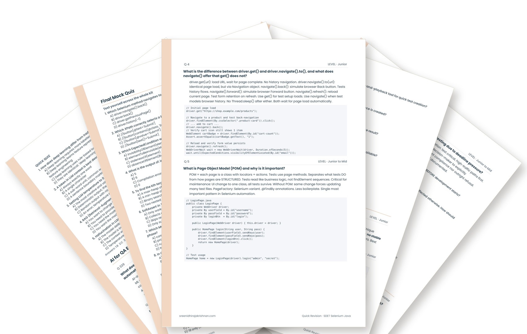 Fanned pages from the Quick Revision Selenium Java Q&A Kit
